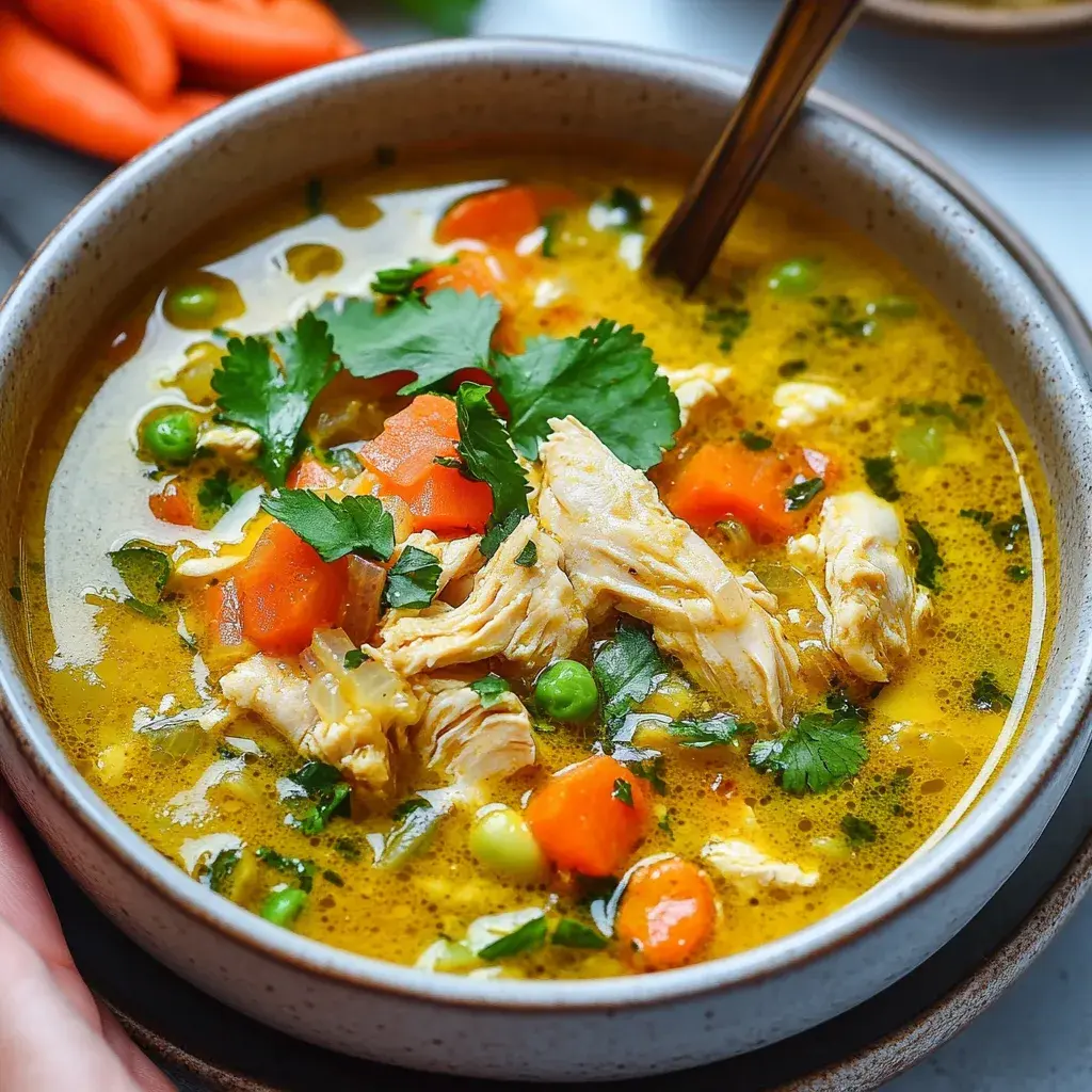 Soupe de poulet au curcuma anti-inflammatoire maison servie chaude dans un bol Soupe de poulet au curcuma anti-inflammatoire maison servie chaude dans un bol
