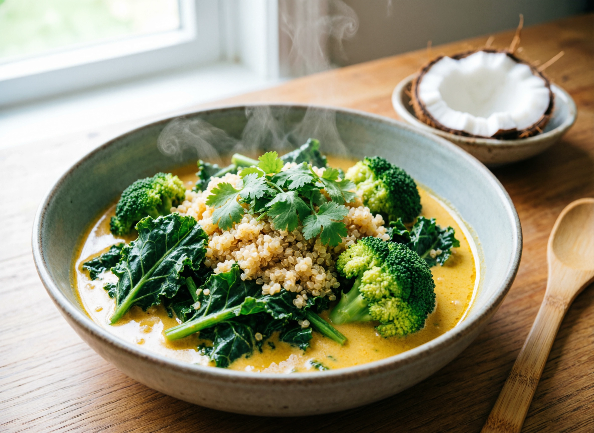 Curry choux de Bruxelles brocoli au lait de coco servi avec quinoa dans un bol Curry choux de Bruxelles brocoli au lait de coco servi avec quinoa dans un bol